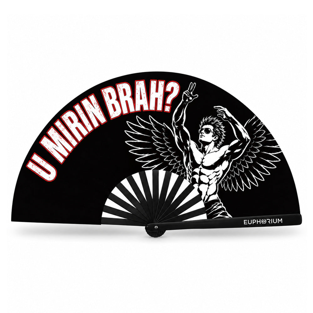 Black U Mirin Brah folding rave fan with winged muscular man graphic