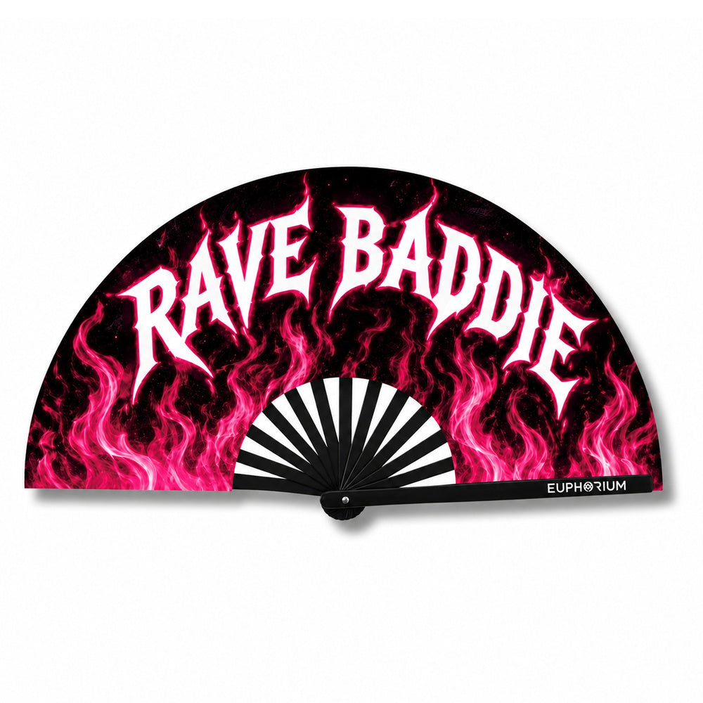 Pink flame Rave Baddie folding rave fan with black ribs and Euphorium logo